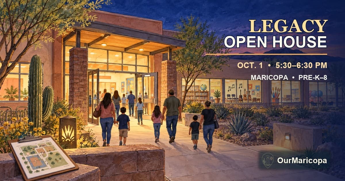 Illustrated families arriving at a Maricopa school at dusk with the headline Legacy Open House, Oct. 1, 5:30 to 6:30 p.m.
