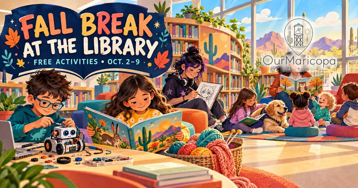 Illustration of children and teens reading, crafting and using a robot in a library, with text announcing free fall-break activities Oct. 2–9.