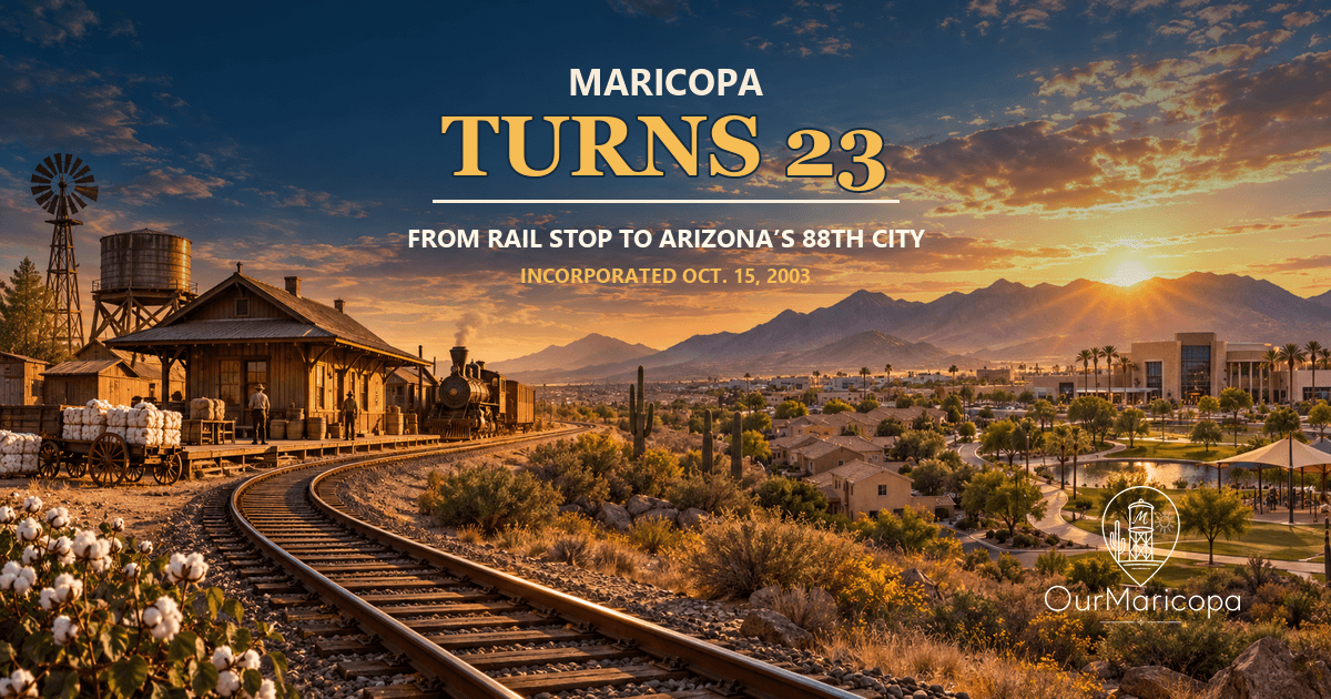 Illustrated panorama transitioning from a historic Maricopa rail depot and cotton shipment to modern homes, parks and civic buildings at sunset, labeled Maricopa Turns 23.