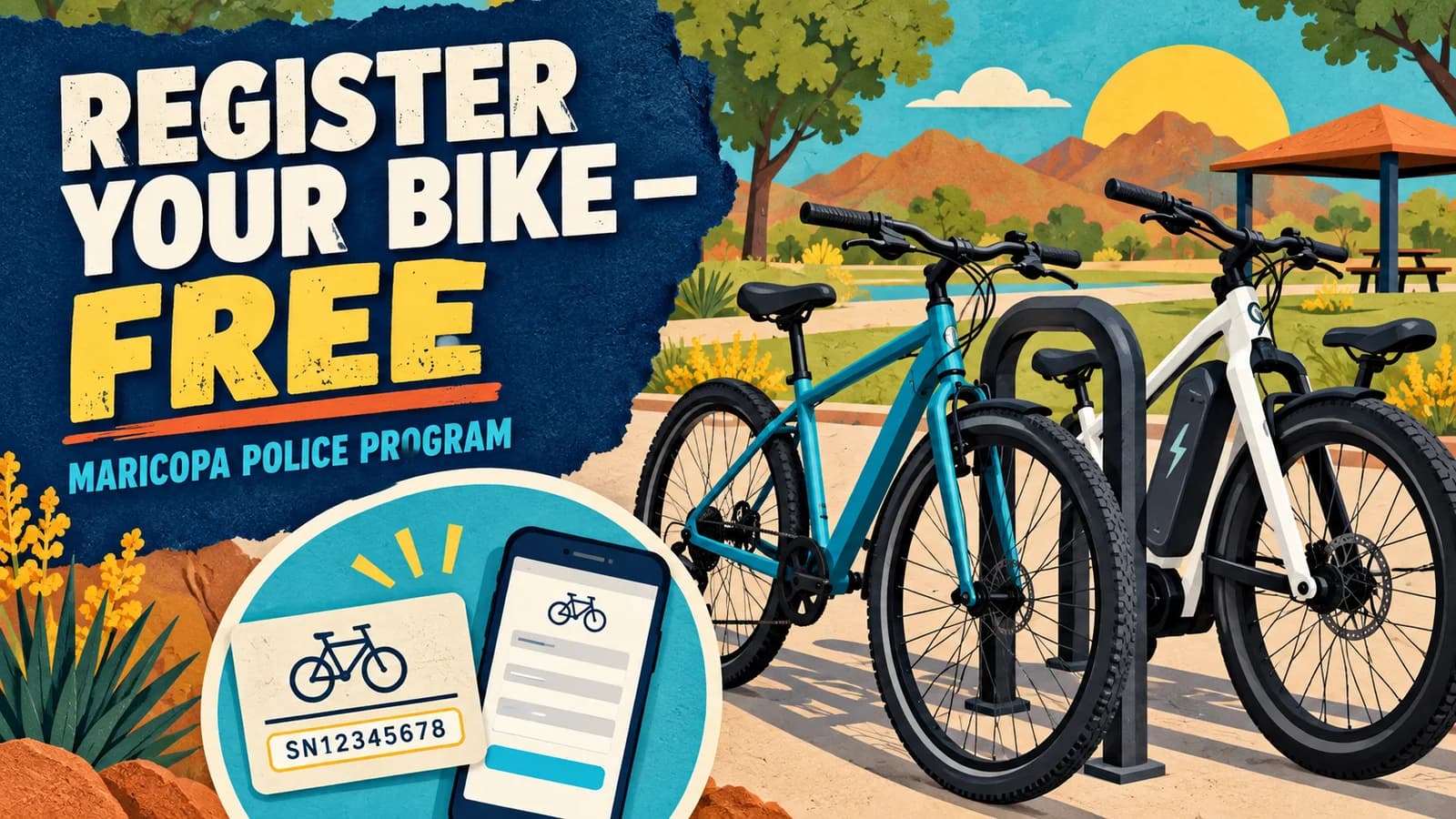 Paper-cut illustration of a bicycle, e-bike and registration form promoting Maricopa Police's free bike-registration program.