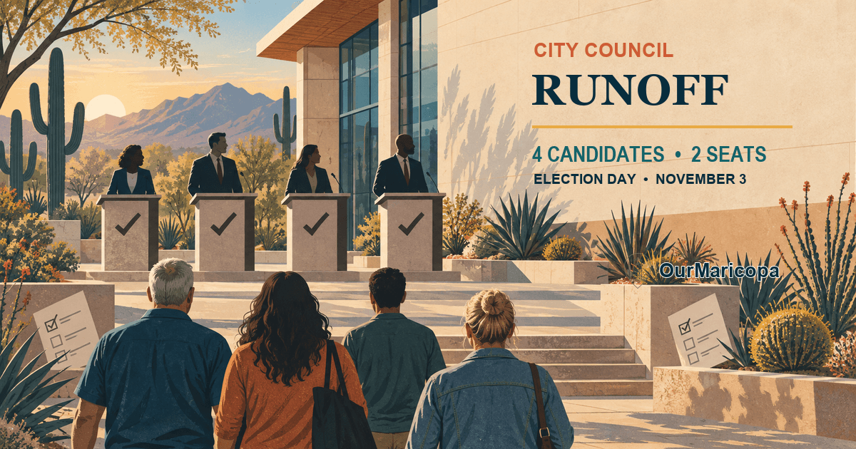Neutral illustration of four equal candidate podiums outside Maricopa City Hall, labeled City Council Runoff: four candidates, two seats.