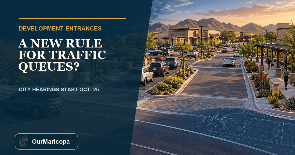 Illustrated Maricopa commercial entrance with a vehicle queue, landscaped median, pedestrian walkway and text asking about a new traffic-queue rule.