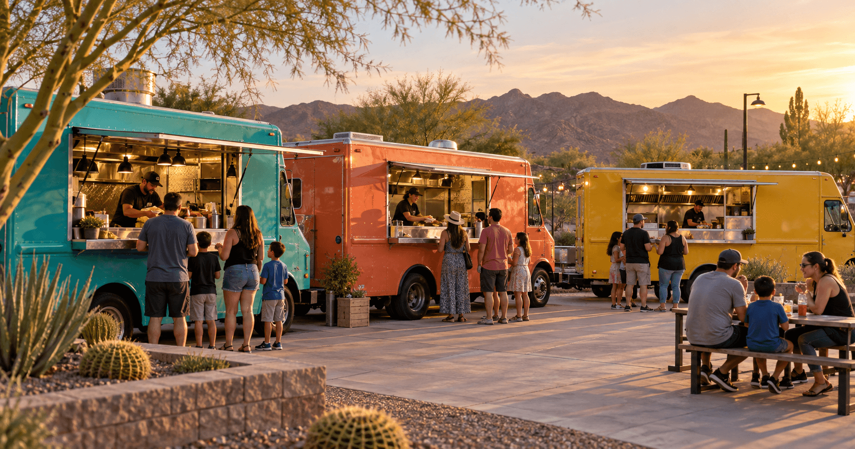 Colorful food trucks serving families in a desert community at sunset.