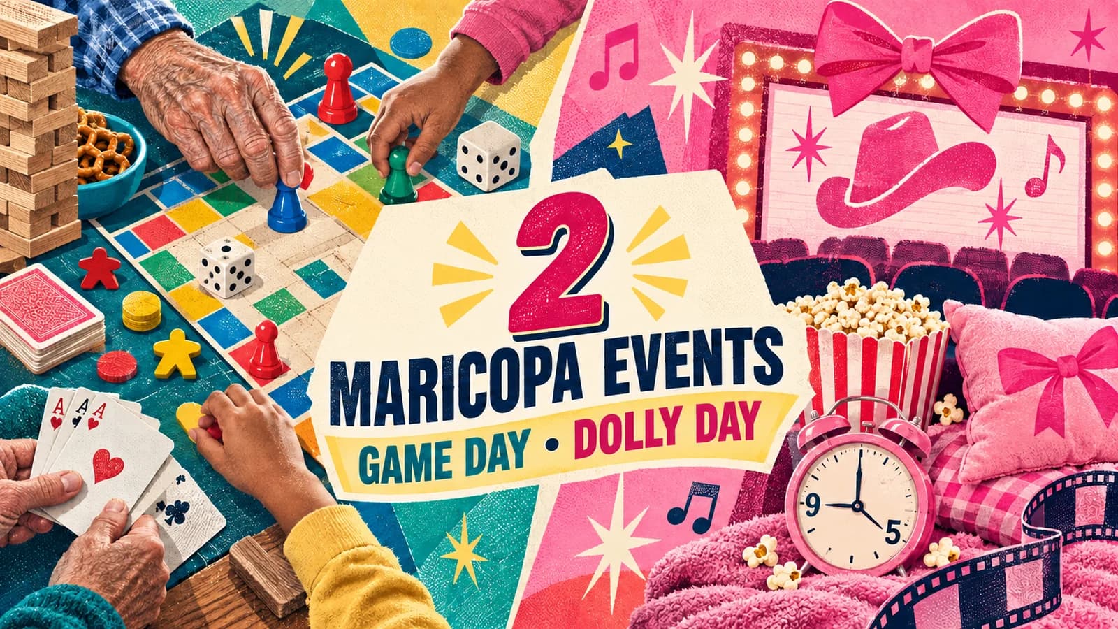 Retro collage of family board games and a pink movie-night scene promoting Maricopa Game Day and Dolly Day events.