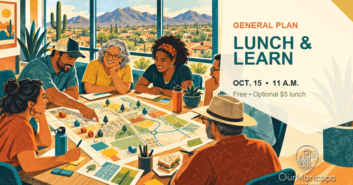 Illustrated community planning discussion around a city map with text announcing the Oct. 15 General Plan Lunch and Learn.