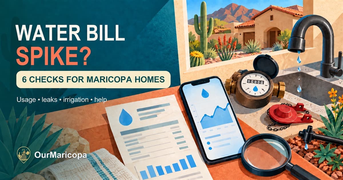 Illustrated Maricopa home utility scene with a water meter, irrigation line and bill, labeled with a high-water-bill checklist.