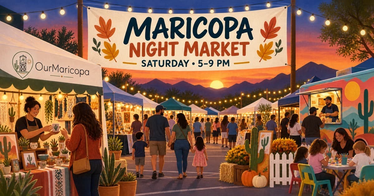 Illustrated outdoor night market at sunset with vendor tents, a food truck, families and text reading Maricopa Night Market, Saturday, 5 to 9 p.m.