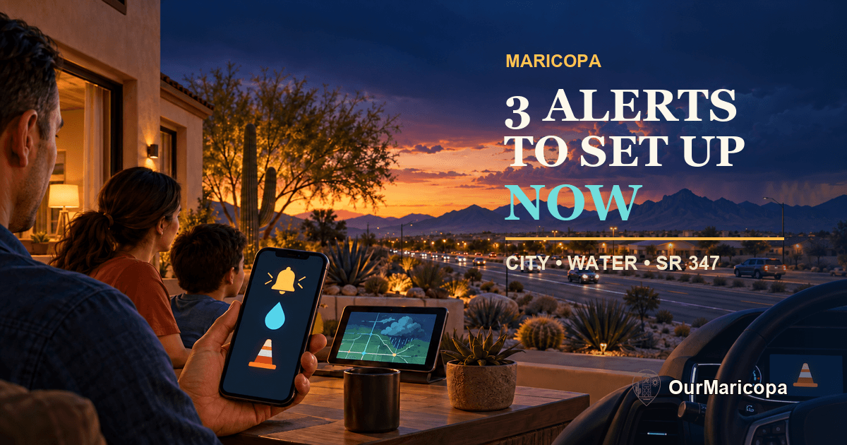 Illustrated Maricopa family checking phone and tablet alerts above a desert road at dusk under the headline 3 Alerts to Set Up Now.