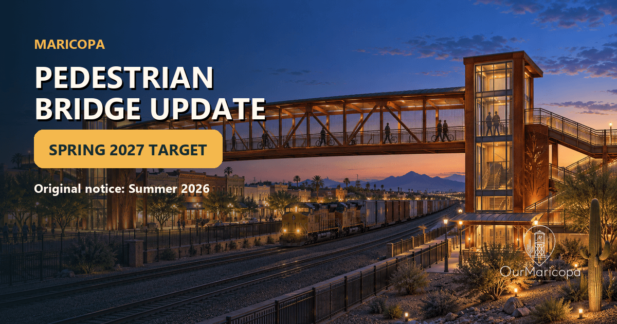 Illustrated covered pedestrian bridge with elevators crossing railroad tracks in Maricopa’s Heritage District at dusk, labeled Spring 2027 Target.