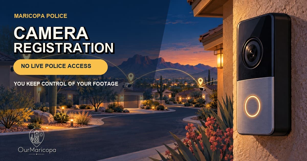 Illustrated Maricopa neighborhood at dusk with connected exterior-camera location pins and text reading Camera Registration — No Live Police Access.