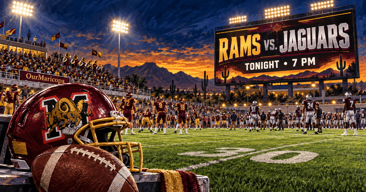 Painted night football stadium with a Maricopa Rams ram-and-M helmet emblem and a scoreboard reading Rams vs. Jaguars — Tonight, 7 PM.