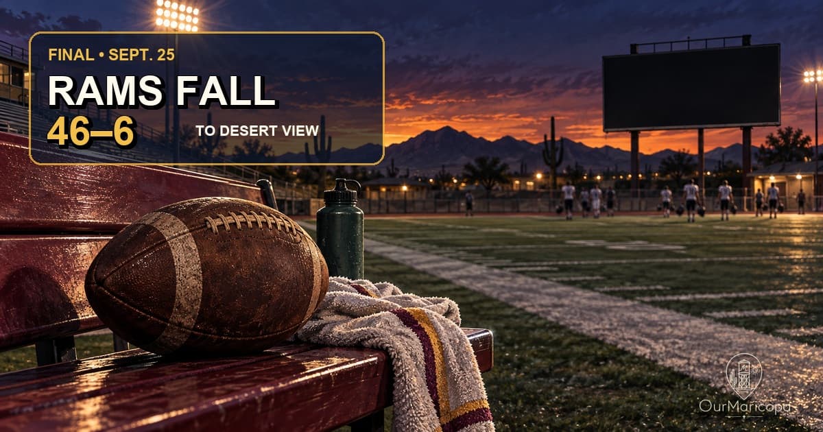 Illustrated postgame football sideline at sunset with a ball on a burgundy bench and text reading Rams fall 46–6 to Desert View.