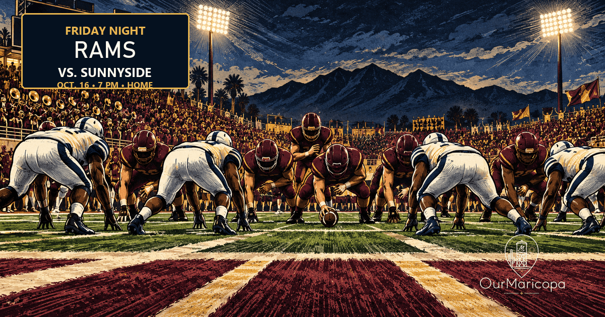 Woodcut-style night football illustration with Maricopa players in maroon facing Sunnyside in white under stadium lights, labeled Rams vs. Sunnyside, Oct. 16 at 7 PM.