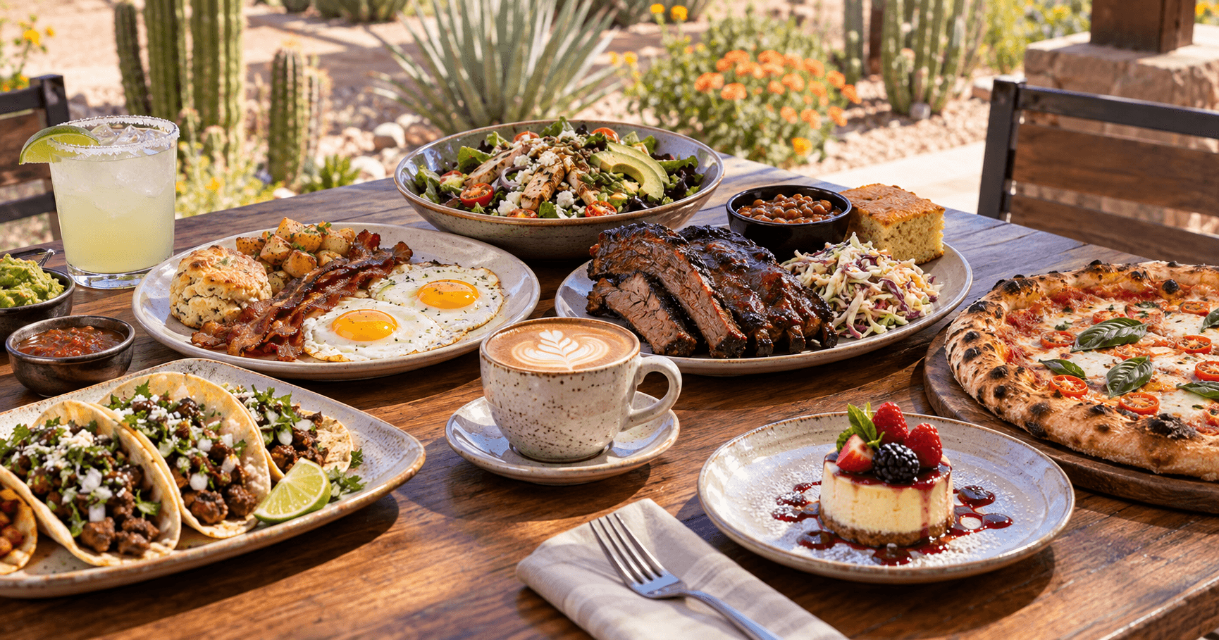 A varied restaurant meal with tacos, breakfast, barbecue, pizza, coffee, salad, and dessert on an Arizona patio.