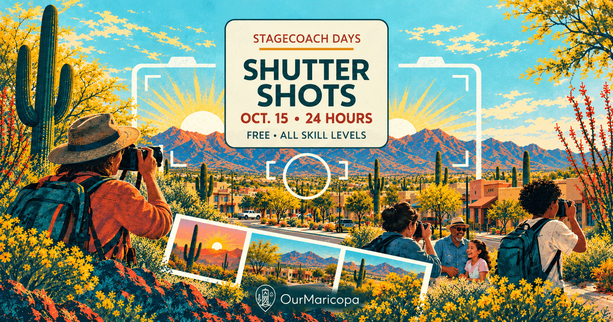 Colorful risograph illustration of photographers capturing Maricopa desert scenery, neighborhoods and community life, labeled “Shutter Shots, Oct. 15, 24 hours.”