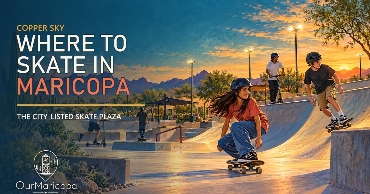 Illustrated golden-hour scene of young people skateboarding and riding a scooter at a desert skate plaza, with the headline Where to Skate in Maricopa.