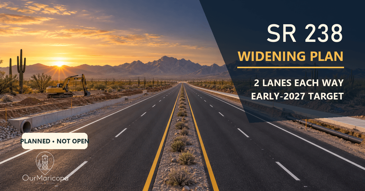 Conceptual illustration of an empty four-lane divided SR 238 with exactly two lanes each way, shoulder construction and desert mountains, labeled Four-Lane Plan.