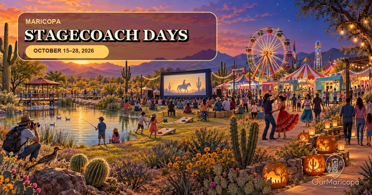 Illustrated Maricopa festival panorama with fishing, an outdoor movie, carnival rides, food trucks, salsa dancing and pumpkins, labeled Stagecoach Days, October 15–28, 2026.
