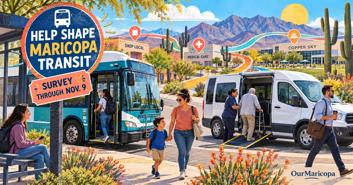 Illustrated Maricopa streetscape with a local bus, an accessible microtransit van and residents traveling to shopping, medical care and Copper Sky.