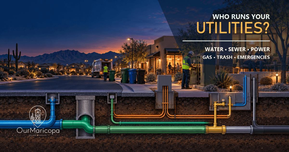 Illustrated Maricopa neighborhood at dusk with water, sewer, electric and gas lines visible underground, a trash truck and utility worker, labeled Who Runs Your Utilities.
