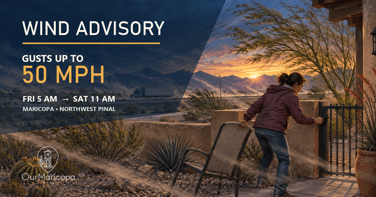 Illustrated Maricopa neighborhood with bending trees, a resident securing patio items and a box truck, labeled Wind Advisory, gusts up to 50 MPH, Friday to Saturday.