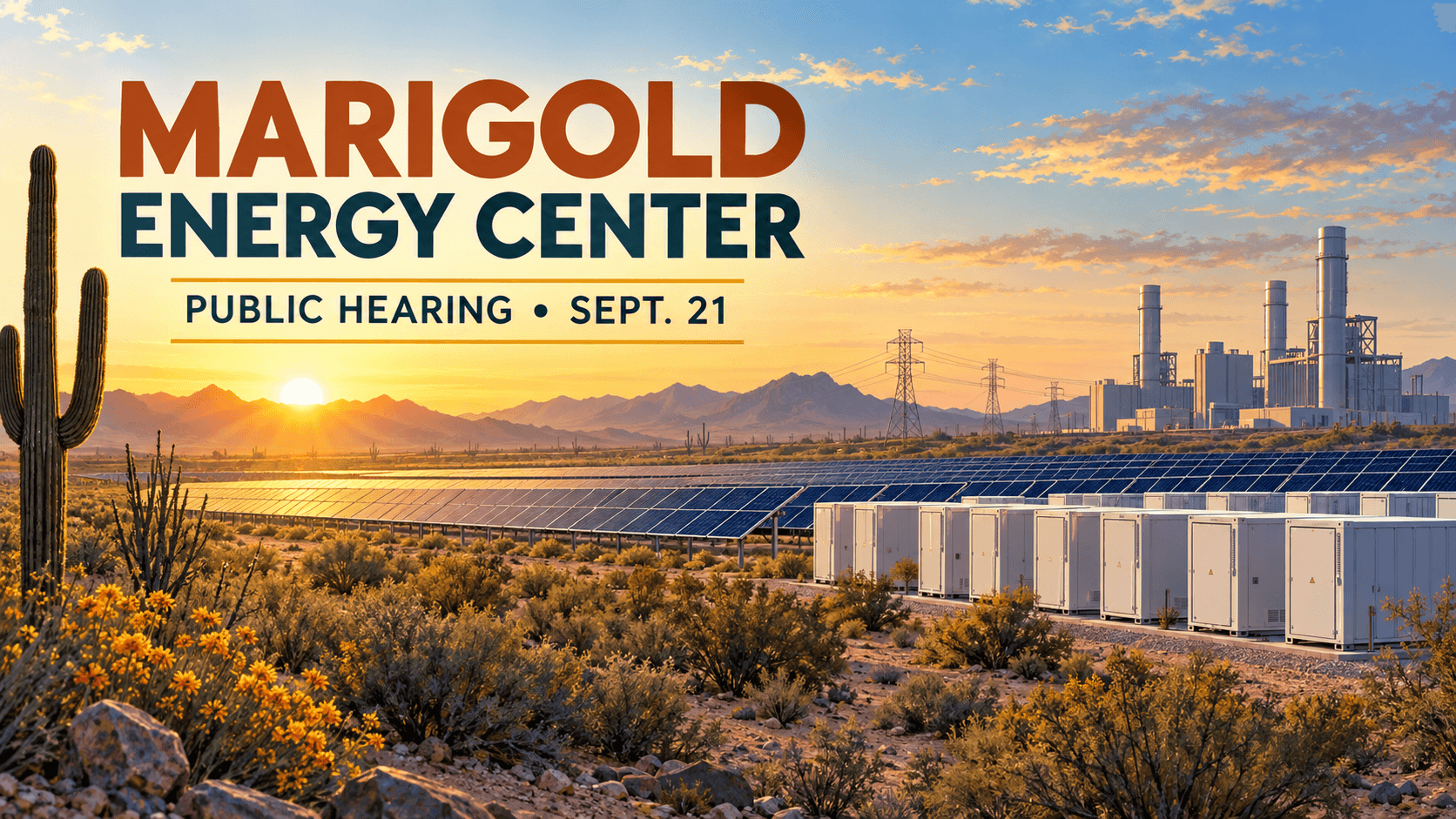 Editorial illustration of solar panels, battery storage and transmission lines announcing the Marigold Energy Center hearing Sept. 21.