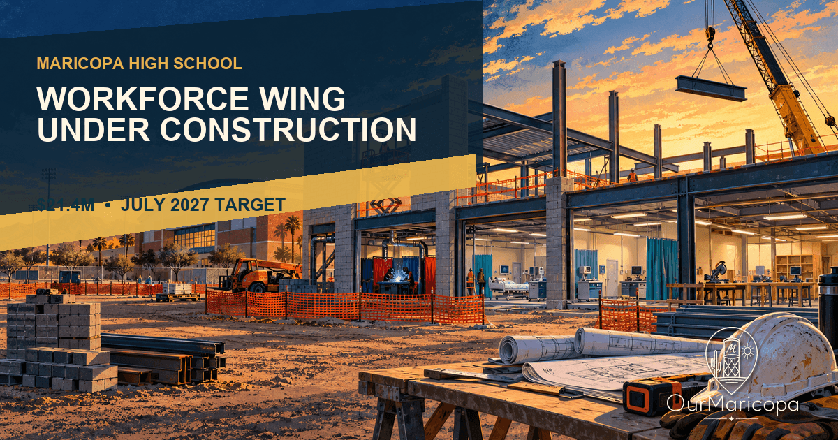 Illustrated Maricopa High School construction site with a workforce wing, gym, crane and July 2027 target label.