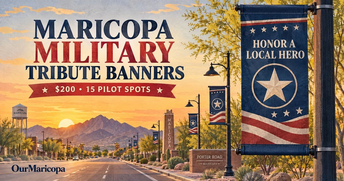 Illustrated row of military tribute banners lining Porter Road at sunset, with a generic star emblem and no real honoree's name or photograph.