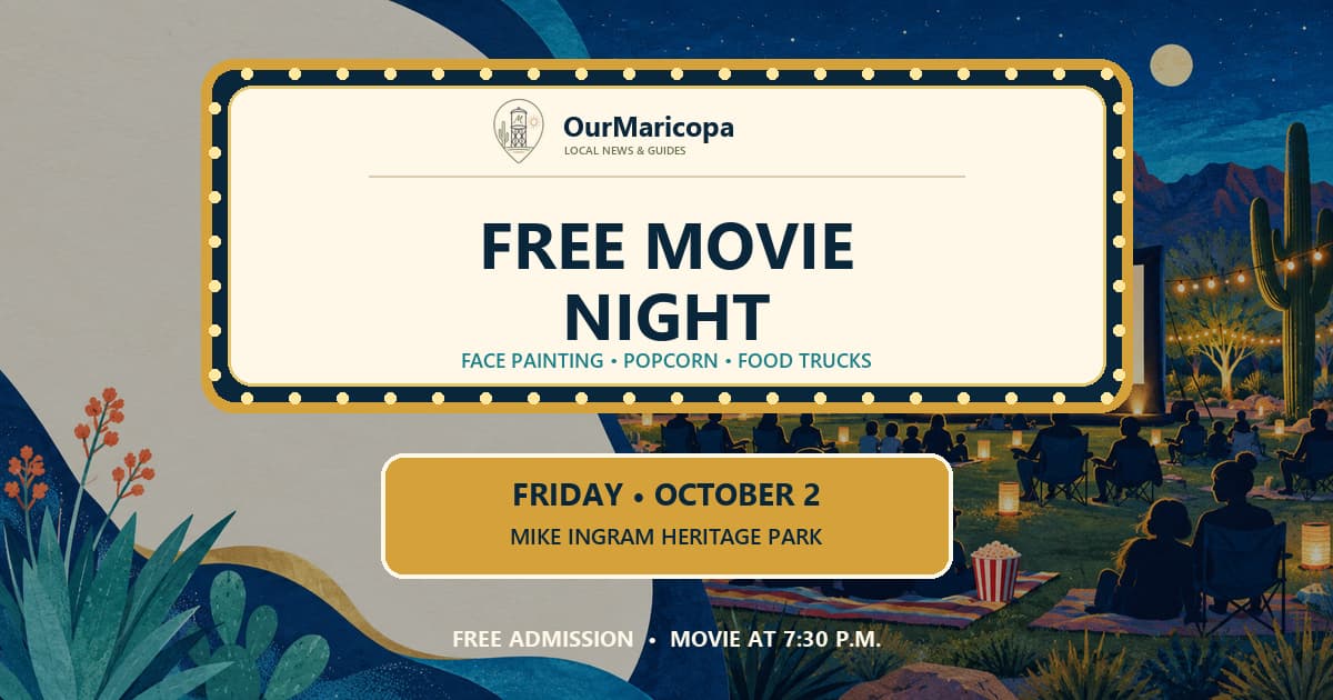 Illustrated Maricopa outdoor movie night with a theater marquee announcing Free Movie Night, Oct. 2 at Mike Ingram Heritage Park.