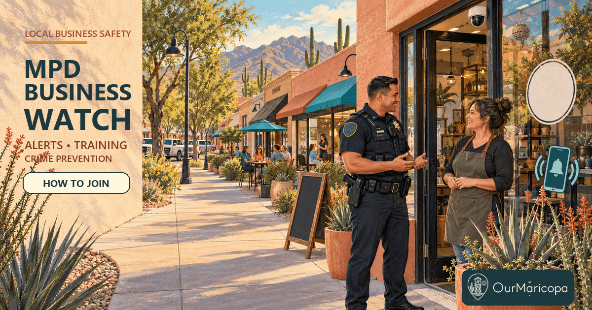 Illustrated Maricopa storefronts with a police community officer and shop owner, labeled MPD Business Watch: Alerts, Training, Crime Prevention.