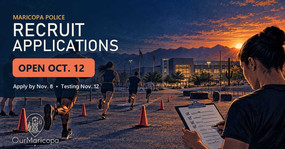 Illustrated police-recruit candidates running a fitness course at sunrise, with text announcing Maricopa police recruit applications open Oct. 12.