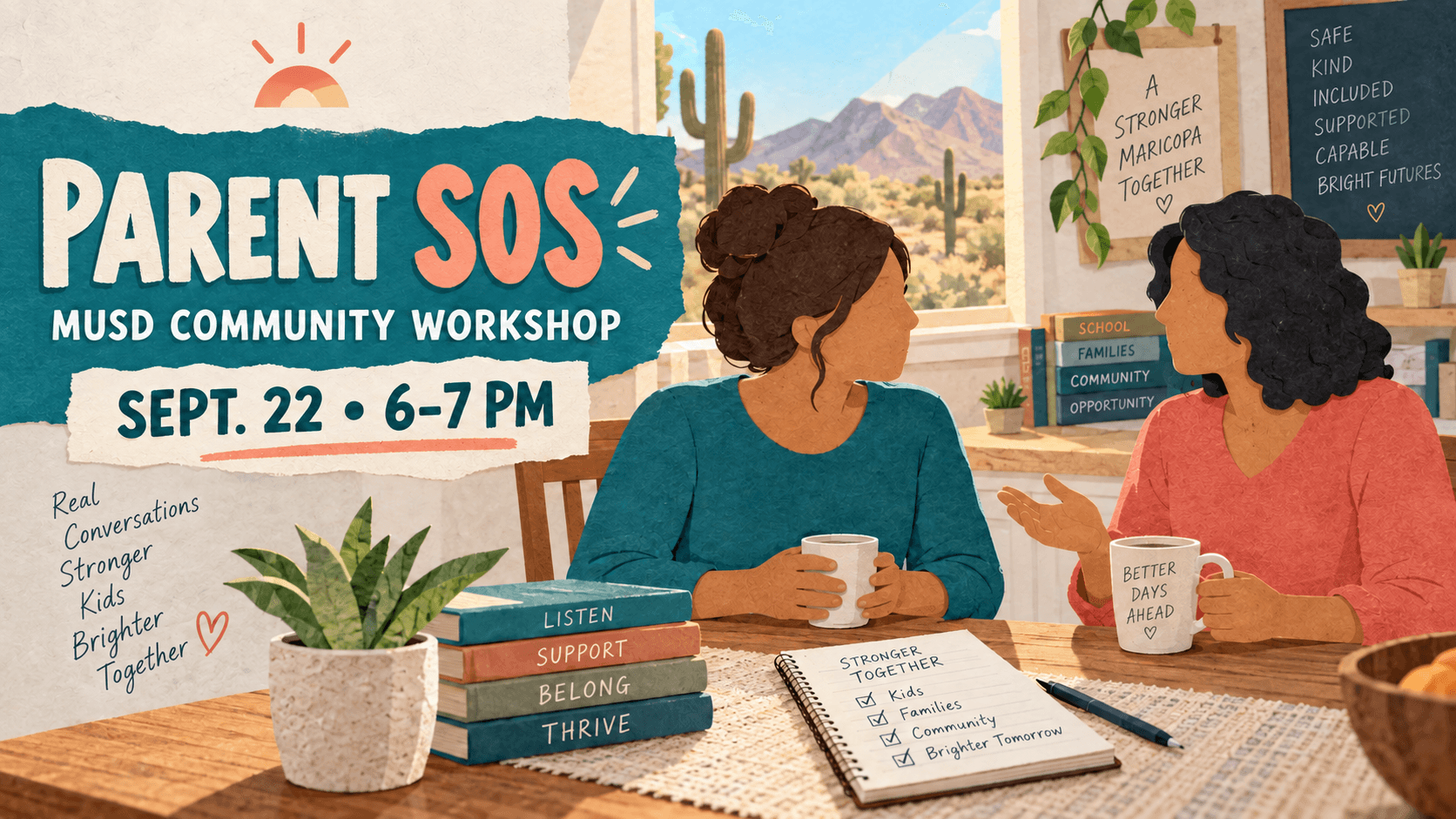 Paper-cut illustration of two adults talking at a table with text announcing the MUSD Parent SOS community workshop Sept. 22 from 6 to 7 p.m.