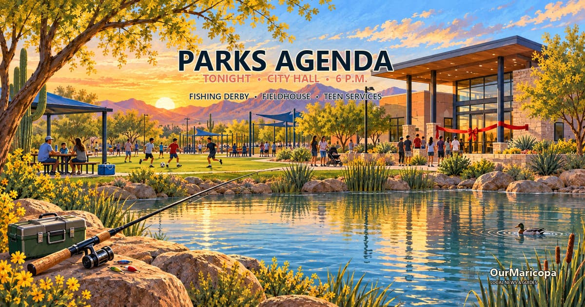 Illustration of a Maricopa park at sunset with fishing gear, teens and families, a Fieldhouse ribbon-cutting, and the words Parks Agenda Tonight.
