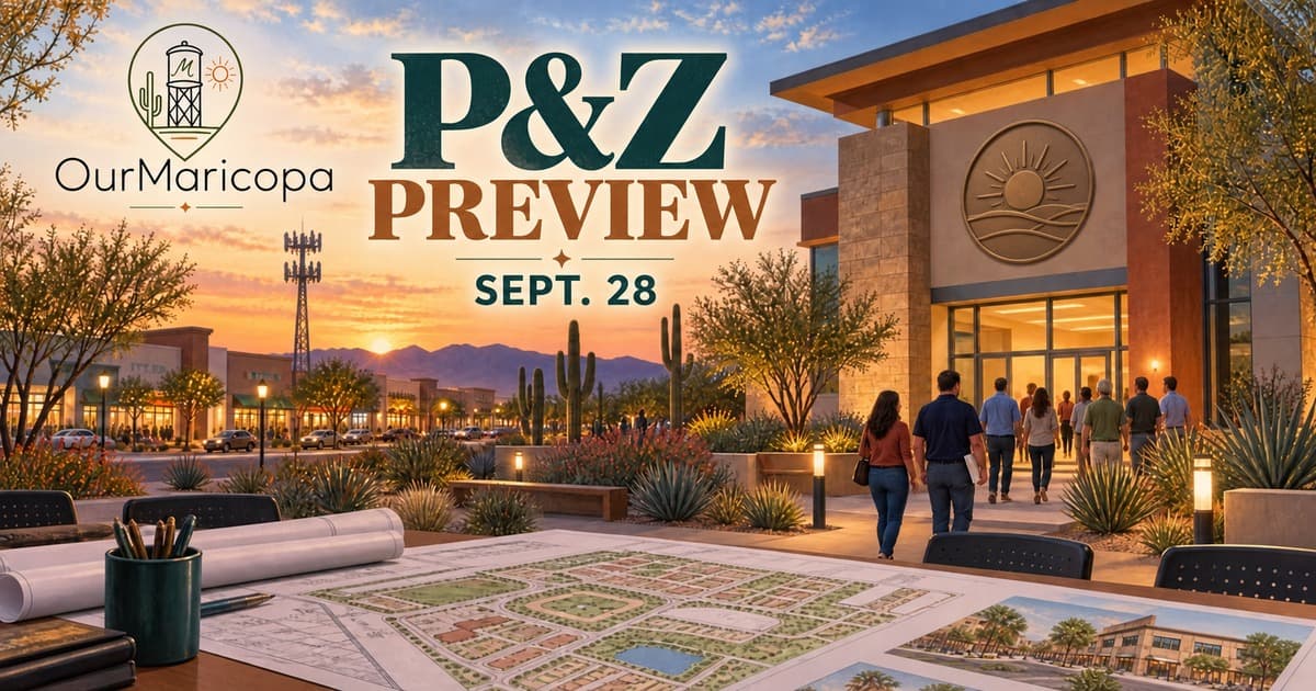 Illustrated Maricopa civic-planning scene at sunset with residents entering a meeting, a site-plan table and text reading P&Z Preview, Sept. 28.