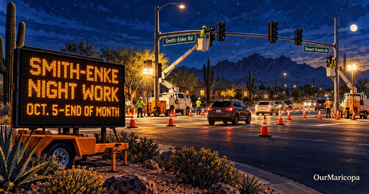 Nighttime illustration of crews installing traffic-signal poles at Smith-Enke Road and Desert Greens Drive while cars move through cone-marked open lanes.