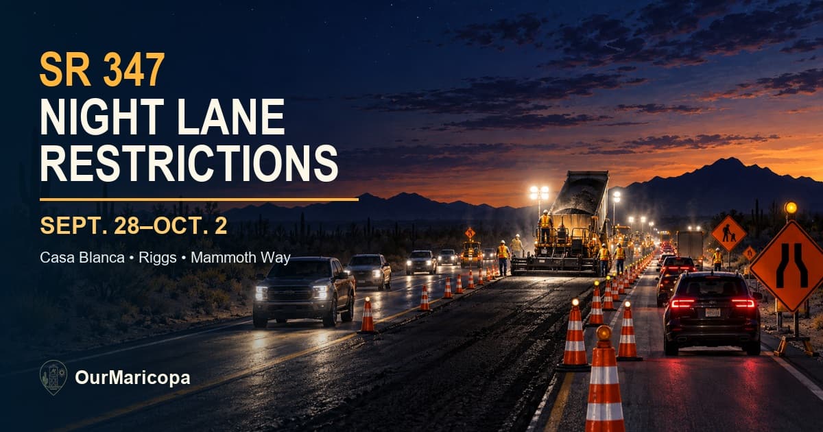 Illustrated nighttime SR 347 construction zone with cones and paving equipment, labeled with the Sept. 28 through Oct. 2 lane-restriction dates.