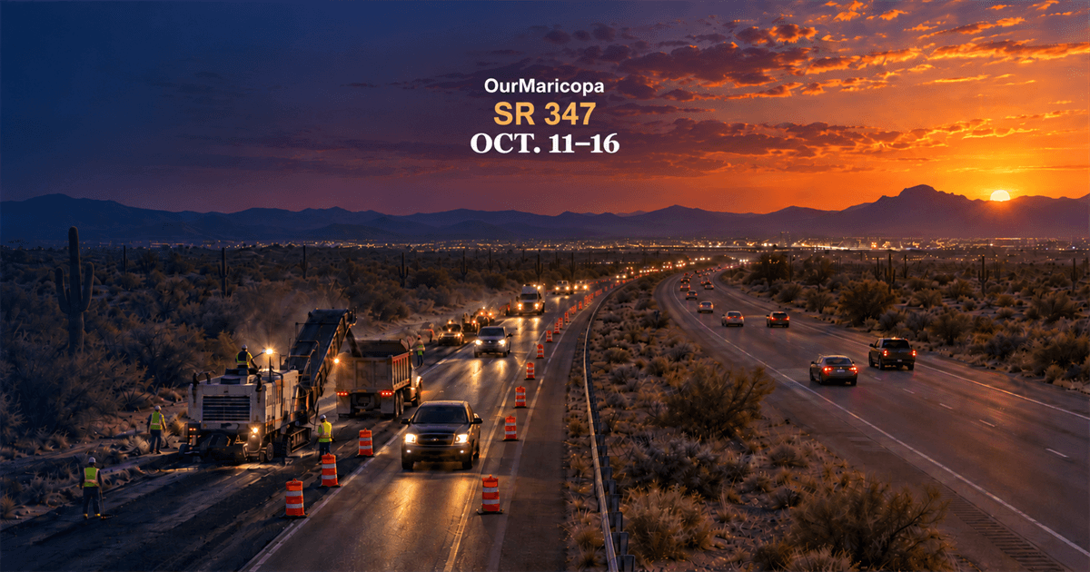Illustrated four-lane SR 347 work zone with two lanes in each direction, showing opposing traffic and overnight lane restrictions through Oct. 16.