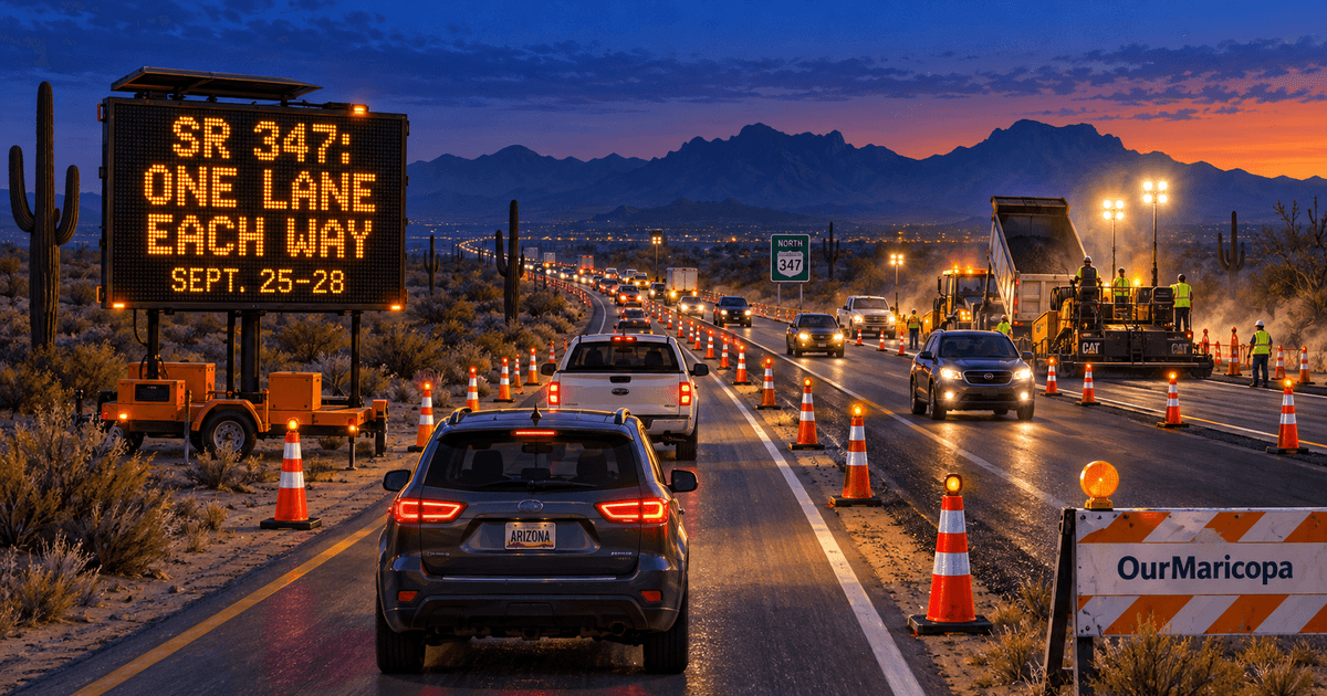 Illustrated SR 347 paving zone at sunset with cars merging past cones and a sign reading SR 347: One lane each way, Sept. 25–28.