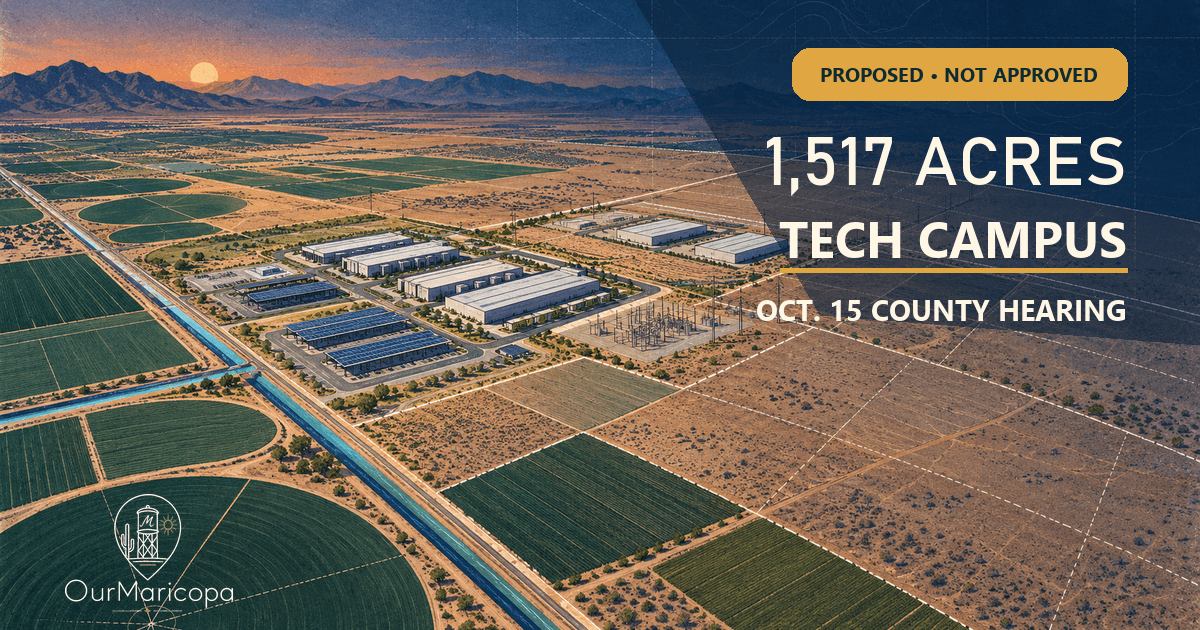 Conceptual map-style illustration of a technology campus within agricultural desert parcels near Stanfield, labeled 1,517 Acres Tech Campus and Oct. 15 County Hearing.