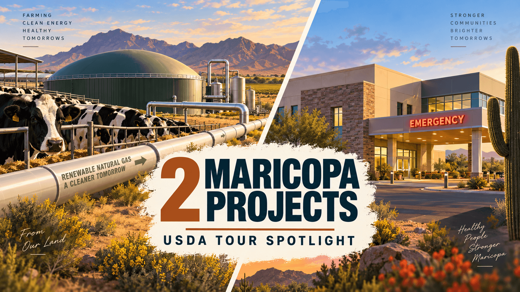 Split editorial illustration of renewable gas production at a dairy and a community hospital, titled Two Maricopa Projects, USDA Tour Spotlight.