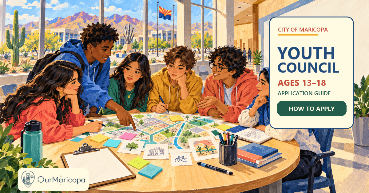 Illustrated group of diverse teenagers discussing a community map in City Hall, with text reading Youth Council, ages 13–18, application guide.