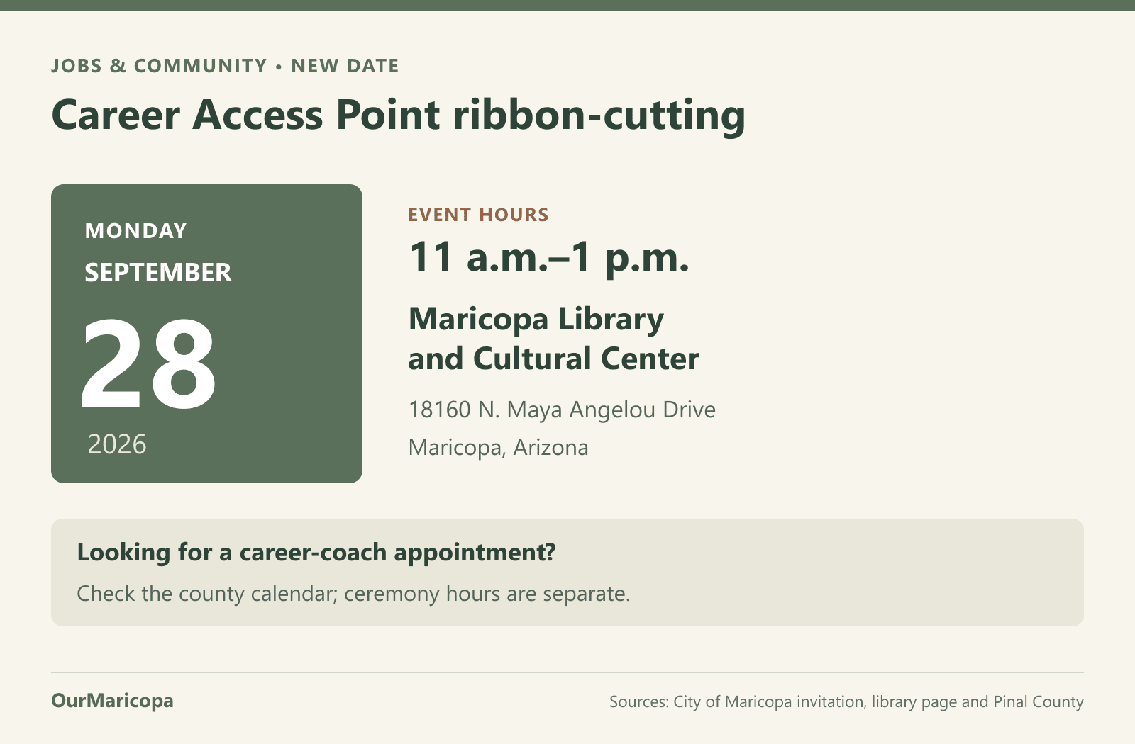 Career Access Point ribbon-cutting: Sept. 28, 2026, 11 a.m.–1 p.m., at the library, 18160 N. Maya Angelou Drive. Coach appointments are separate.