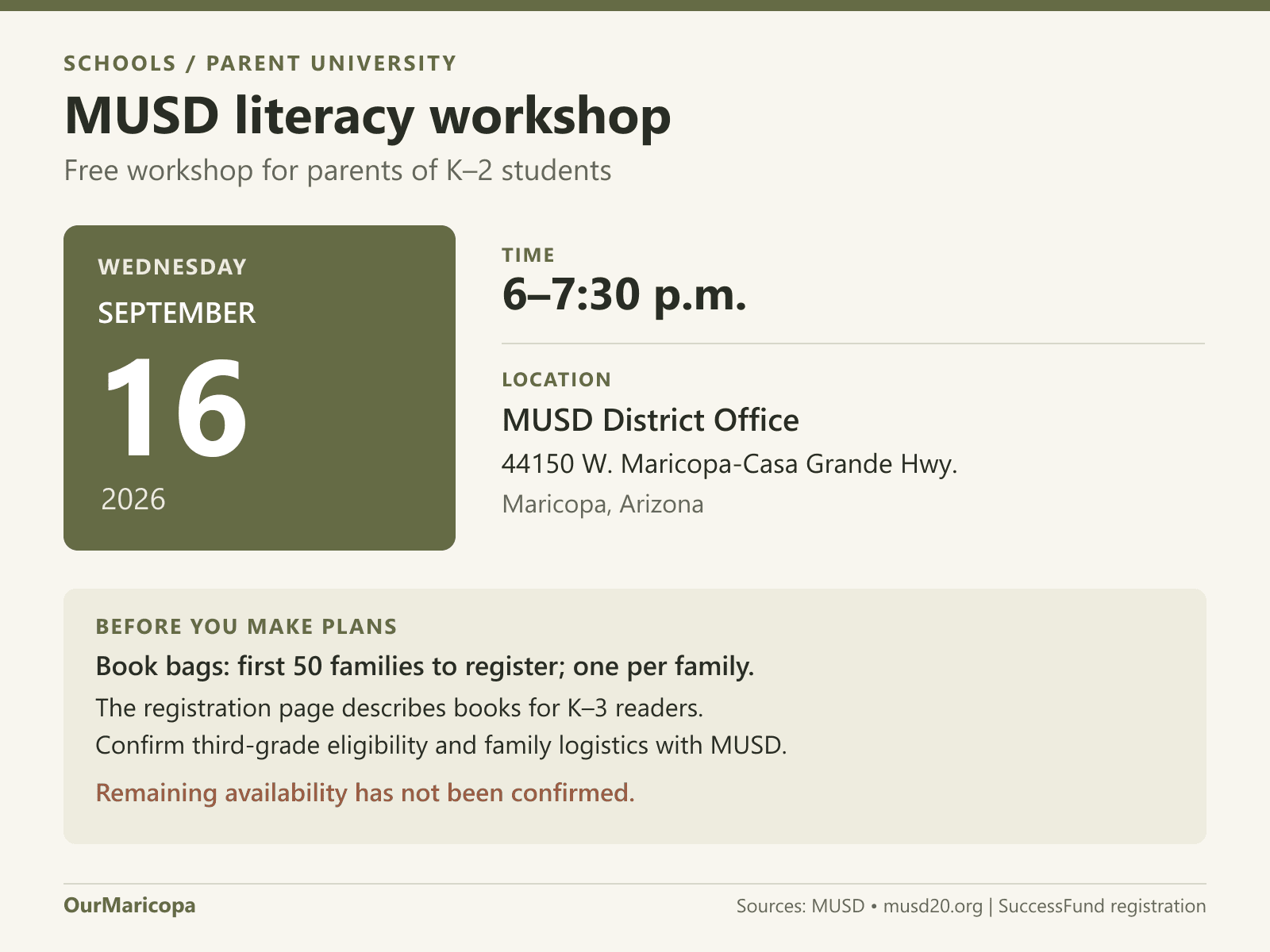 MUSD workshop details for Sept. 16, 2026: 6-7:30 p.m. at the district office, for K-2 parents. Book-bag availability must be checked.