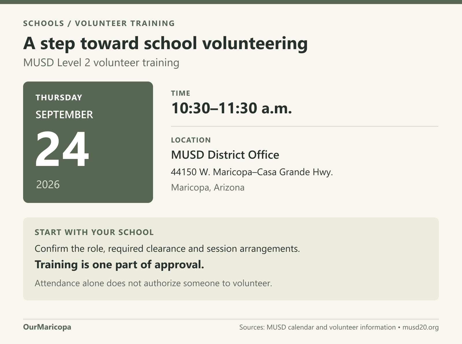 MUSD Level 2 volunteer training: Sept. 24, 2026, 10:30–11:30 a.m., at the district office. Contact your school; training alone is not approval.