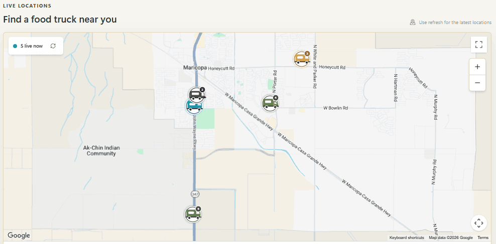 A snapshot of the Live Food Truck Map on OurMaricopa