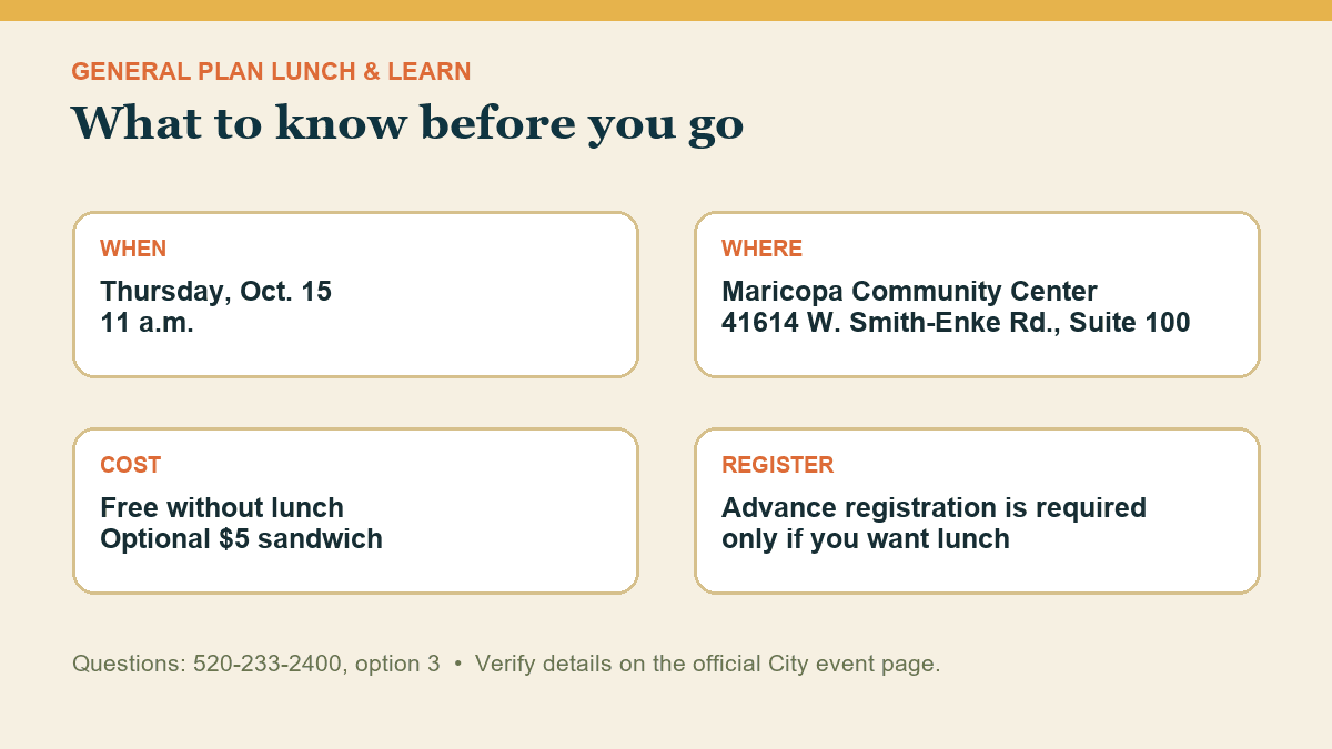 Maricopa General Plan Lunch and Learn details: Oct. 15 at 11 a.m., Community Center, free without lunch, optional $5 sandwich.