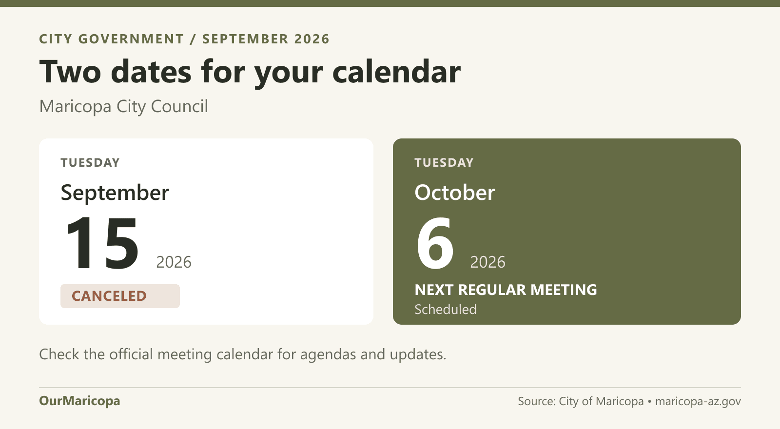 Calendar graphic showing the Sept. 15, 2026 Maricopa City Council meeting canceled and the next regular meeting scheduled for Oct. 6, 2026.