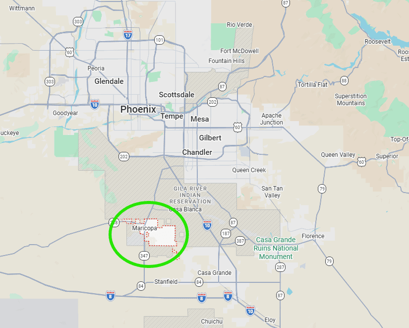 Map of Arizona showing the City of Maricopa circled in green