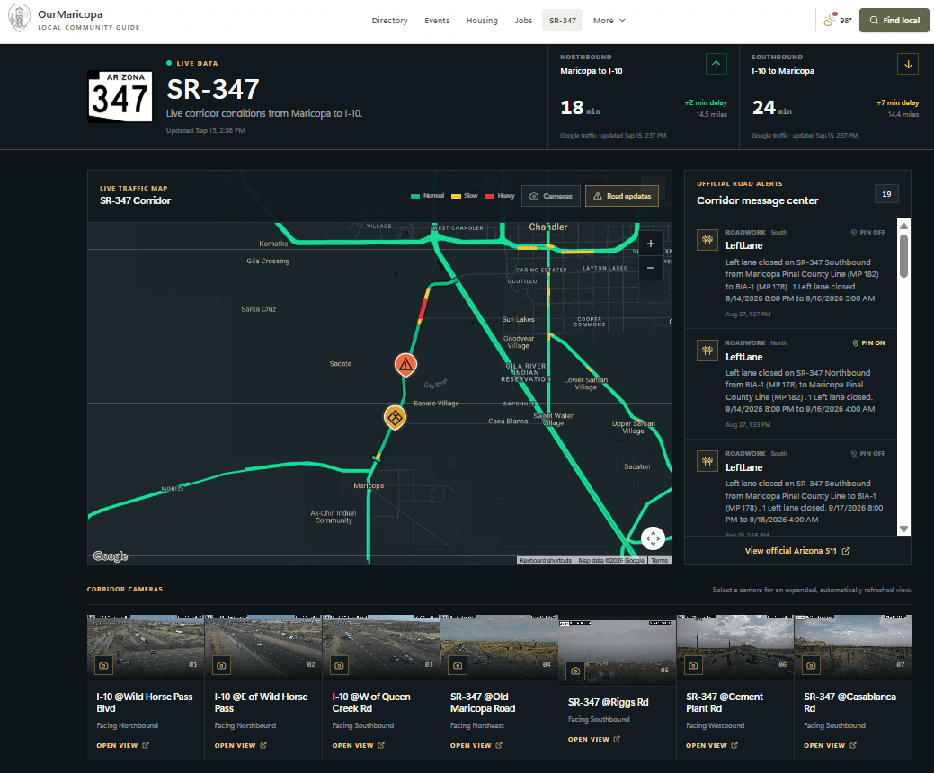The ourmaricopa SR347 page showing traffic conditions